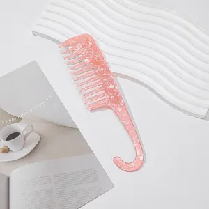 Pink wide tooth hair comb with hook handle, portable anti-static styling hair brush for daily use.