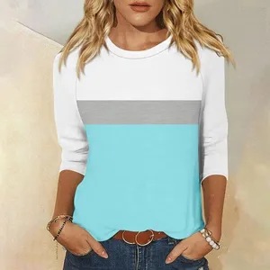 Details of the womens color block 3/4 sleeve casual round neck t-shirt in white grey and blue.