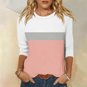Casual color block three quarter sleeve t-shirt for women, stylish round neck top.