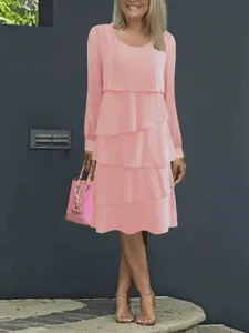 Abito midi da donna rosa a balze con maniche lunghe moda casual autunnale chic