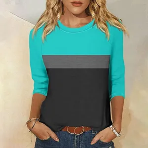 Casual color block 3/4 sleeve crewneck t-shirt for women daily wear stylish top details