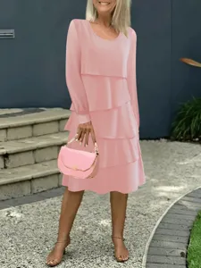 Abito midi a balze a manica lunga, vestito autunnale rosa girocollo casual per elegante look.