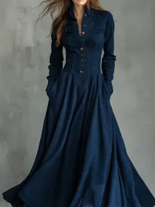 French vintage faux suede long shirt dress detail view, elegant dark blue maxi dress.