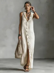 Detail view of casual loose sleeveless hooded maxi dress, lightweight fabric, elegant everyday wear.