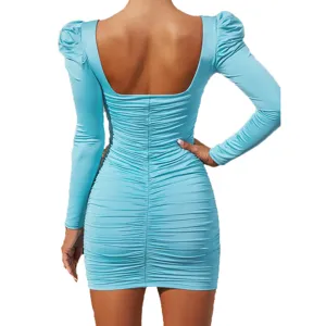 Light blue long sleeve backless bodycon dress detail showcasing ruched design and elegant fit.