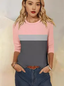 Colorblock 3/4 Sleeve T-Shirt Casual Crewneck Top for Women Fashion Everyday Wear