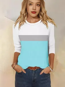 Women's Colorblock 3/4 Sleeve Crewneck T-Shirt Casual Fashion Top for Daily Wear