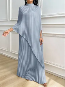 Light blue pleated asymmetric long dress women elegant maxi dress casual chic outfit
