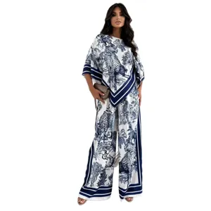 Women fashion blue white leopard print irregular top wide leg pants two piece suit