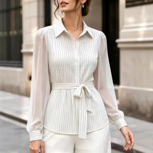 Women striped sheer sleeve button down blouse elegant office wear long sleeve belted shirt