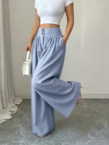Summer high-waist three-button wide-leg pants, loose drape casual long trousers.