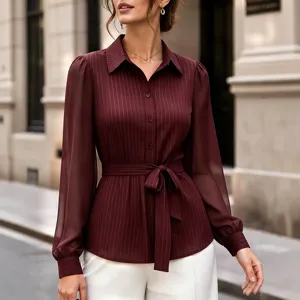 Women Casual Striped Mesh Long Sleeve Blouse With Stylish Waist Tie Elegant Shirt