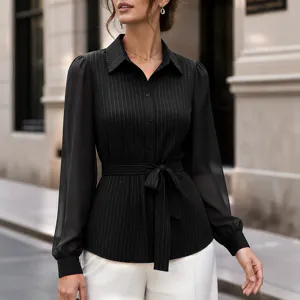 Elegant striped long sleeve button down shirt with waist tie for women commuter fashion