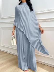 Elegant pleated asymmetrical long dress set for women, loose casual style for autumn.