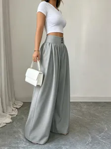 High waist three button wide leg draped casual pants for women, trendy summer fashion style.