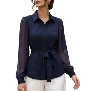 Women long sleeve pinstripe blouse sheer sleeve tie waist shirt professional casual