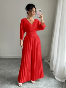 Elegant red v-neck short sleeve pleated wide leg jumpsuit for women fashion commute style