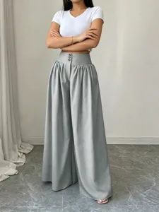 High-waisted wide-leg trousers for women, grey draped casual loose pants with three buttons.