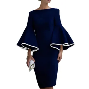 Women's elegant slim fit navy blue midi dress featuring dramatic contrast white bell sleeves.