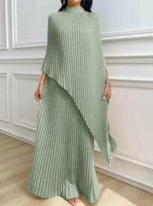 Sage green pleated asymmetrical maxi dress detail, elegant high neck loose two piece set style.