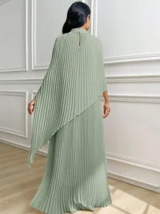 Elegant sage green pleated layered maxi dress for women casual loose long dress fashion