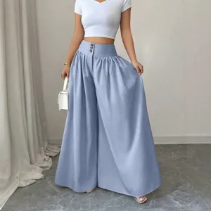 Women's High Waisted Wide Leg Casual Pants Loose Draped Triple Button Solid Color Summer Long Trousers