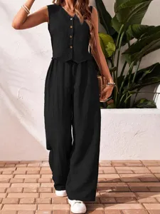 Women's summer sleeveless button vest and wide leg pants set casual two piece outfit detail.