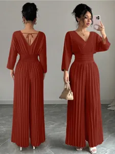 Elegant solid V-neck pleated wide-leg jumpsuit with waist cinch for modern women commuting style