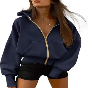 Womens zip up cropped hoodie casual long sleeve fleece sweatshirt for autumn winter fashion