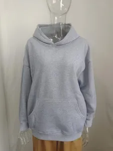 Grey solid color loose hooded long-sleeve sweatshirt, casual autumn winter daily wear detail view.