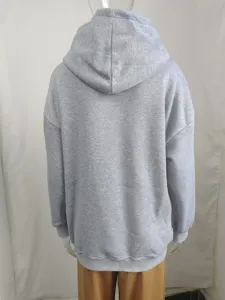 Casual solid grey long sleeve hooded sweatshirt back view detail showcasing relaxed fit design.