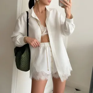 Women White Lace Trim Pajama Set Oversized Shirt Shorts Casual Loungewear Summer New