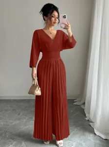 Women elegant V-neck short sleeve pleated wide leg jumpsuit solid color casual workwear.
