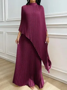 Burgundy pleated irregular two-piece dress set, elegant loose long maxi dress for women.
