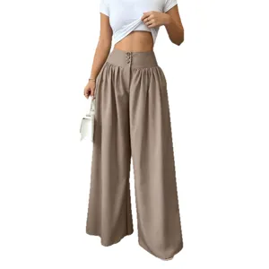 High waist three-button wide leg draped casual trousers for women, elegant summer fashion.