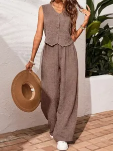 Summer sleeveless button vest wide leg pants set casual chic two piece outfit women