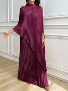 Elegant burgundy pleated mock neck maxi dress with asymmetric capelet sleeve design.