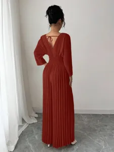 Women red V-neck pleated wide leg jumpsuit elegant long sleeve casual commute fashion pants