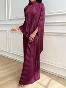 Elegant purple pleated maxi dress featuring a high collar, asymmetric layered sleeves, and loose fit.