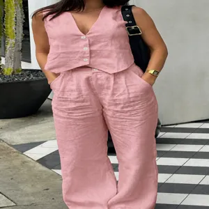 Summer casual women two-piece set detail, sleeveless button vest and wide leg trousers.