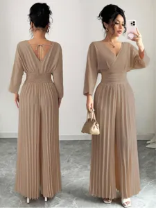 Elegant solid V-neck pleated jumpsuit for women, chic high waist wide leg trousers.