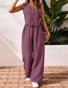 Sleeveless button vest and wide leg pants set detail view, casual summer fashion outfit.