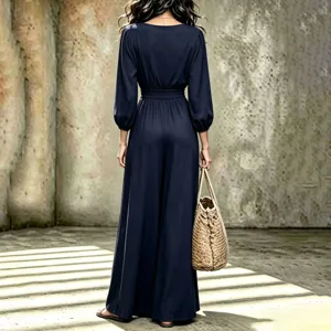 Long sleeve navy blue jumpsuit with belted waist and wide leg pants for women elegant daily wear