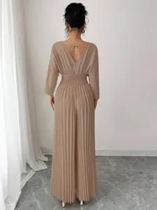 Elegant solid color V-neck back pleated long sleeve wide leg jumpsuit for women daily commute.