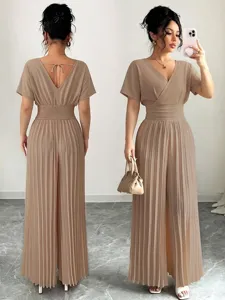 Detailed view of women's elegant solid V-neck short sleeve pleated wide leg jumpsuit.