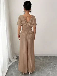 Women elegant solid color V-neck short sleeve pleated wide leg jumpsuit fashion.