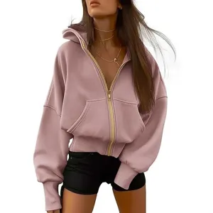 Women's pink zip-up hooded sweatshirt casual cropped long sleeve hoodie jacket main view