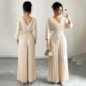 Women's Commuter Elegant V-Neck Long Sleeve High Waist Patchwork Wide-Leg Jumpsuit Solid Color Fashion Long Pants