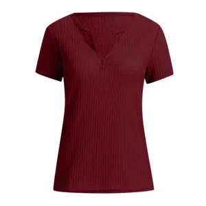 Women's casual V-neck short sleeve waffle knit top, comfortable loose summer basic t-shirt.
