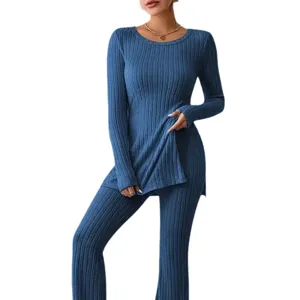 Stylish women solid ribbed long sleeve top and flared pants set for autumn winter casual wear